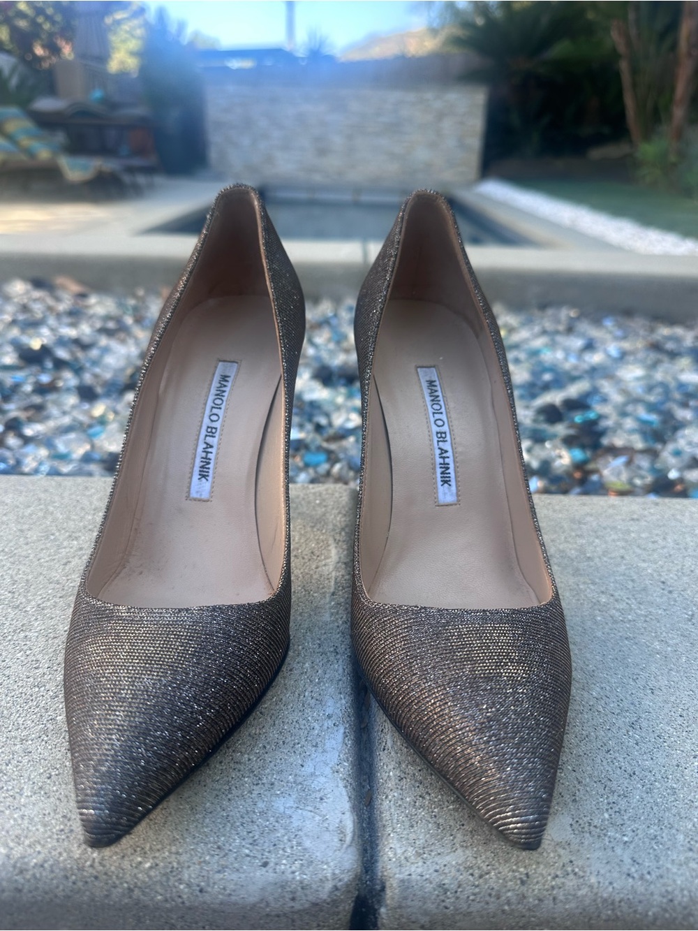 Manolo Blahnik Metallic Bronze Pointed Toe Pumps Heels EU 36.5 US 7